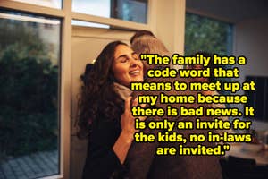 Image of a smiling couple embracing in a home with a text overlay about a family's code word for meetings