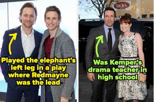 tom hiddleston with eddie redmayne with tom captioned, "Played the elephant's left leg in a play where Redmayne was the lead" and jon hamm and ellie kemper with jon captioned, "Was Kemper's drama teacher in high school"