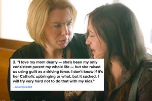 woman comforting crying girl captioned with story about mom using guilt to raise kids