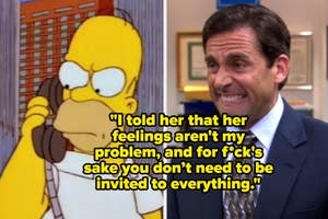 Homer Simpson on the phone next to a quote from Michael Scott about someone not being invited