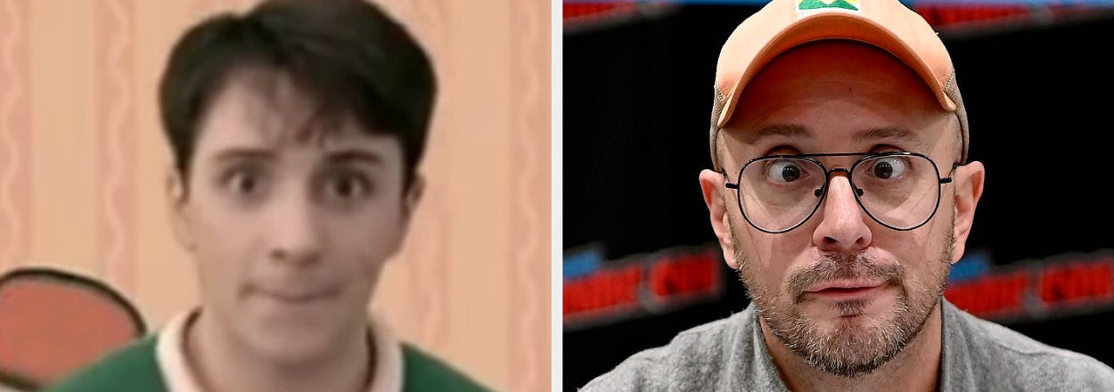 Two photos side by side, left is a young man in a striped top, right is an adult man in a cap and glasses