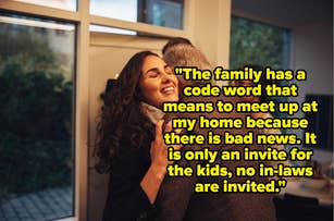 Image of a smiling couple embracing in a home with a text overlay about a family's code word for meetings