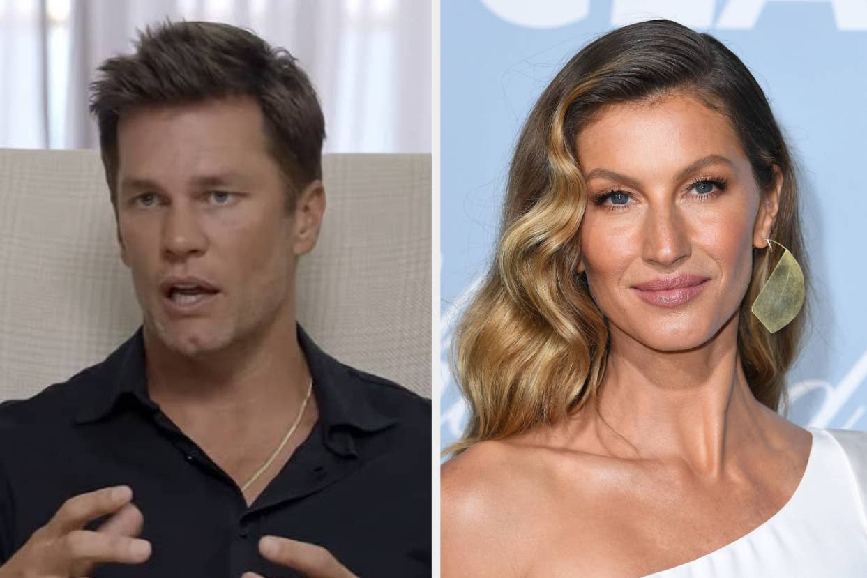 Tom Brady and Gisele Bündchen posed separately; he's in a black shirt gesturing, she's elegantly dressed with large earrings
