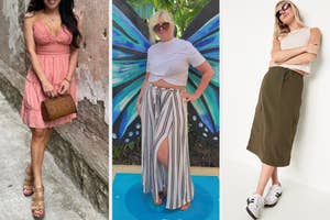 A trio of images, including a reviewer wearing a pink mini dress, a reviewer wearing flowy pants with a leg slit, and a model wearing a utility midi skirt