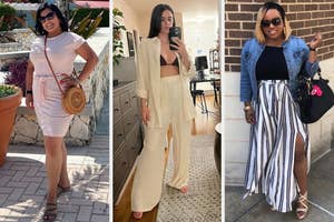 A trio of images, including a reviewer wearing a striped T-shirt dress, a reviewer wearing a matching linen button-down and pant set, and a reviewer wearing a flowy striped pant with a leg slit