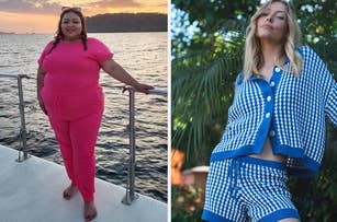 L: Reviewer wearing a hot pink jumpsuit R: model wearing blue and white knit button-up