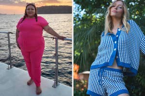 L: Reviewer wearing a hot pink jumpsuit R: model wearing blue and white knit button-up