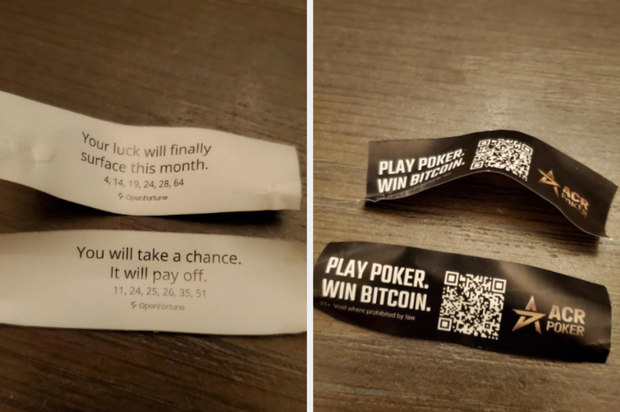 Two images of fortune cookie papers with lottery numbers and advertising for playing poker online