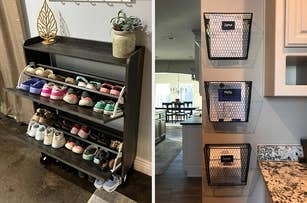 Home organization solution featuring a shoe rack and labeled storage baskets for efficient space management