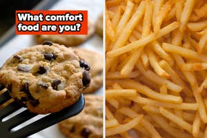Quiz graphic asking "What comfort food are you?" with images of chocolate chip cookies and French fries