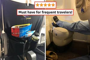 Split image of airplane seat with pocket holding items and a close-up of an inflatable footrest in use. Five star review with text: must have for frequent travelers