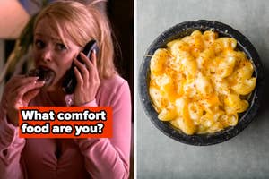 Split-image quiz: left, woman on phone eating; right, bowl of mac and cheese. Question "What comfort food are you?"