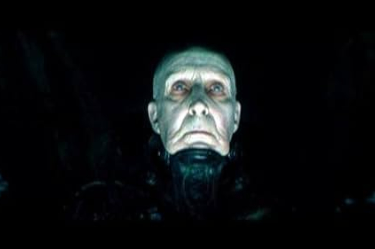 Character Voldemort from Harry Potter films with a menacing expression
