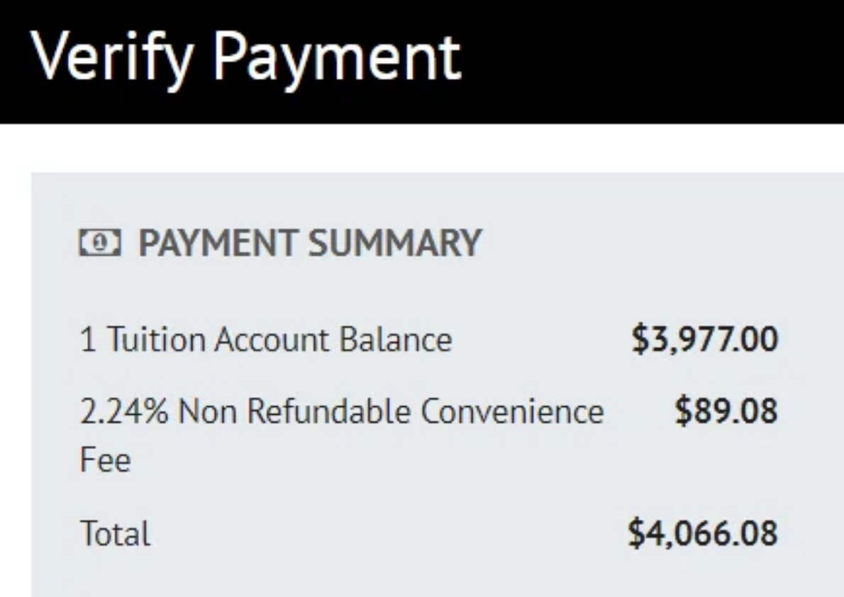 Screenshot of a payment verification screen displaying a tuition account balance and a non-refundable convenience fee with a total amount due