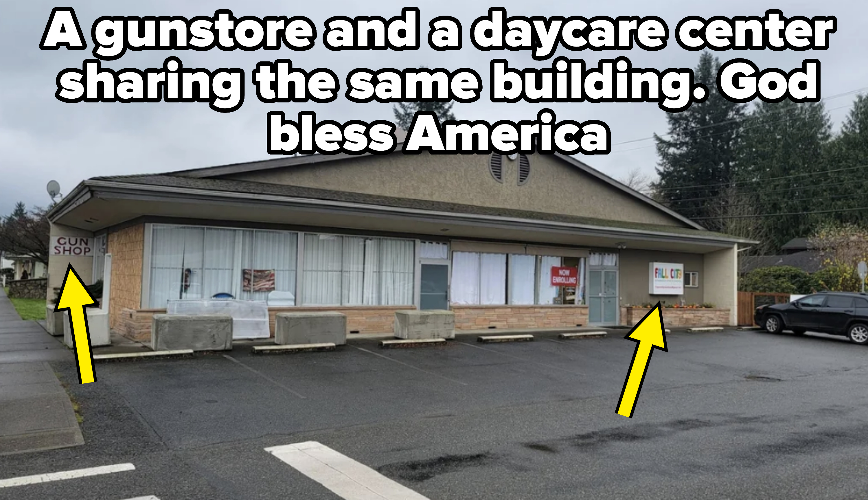 Exterior of a single-story building with a gun shop sign and varied window s. A car is parked on the side