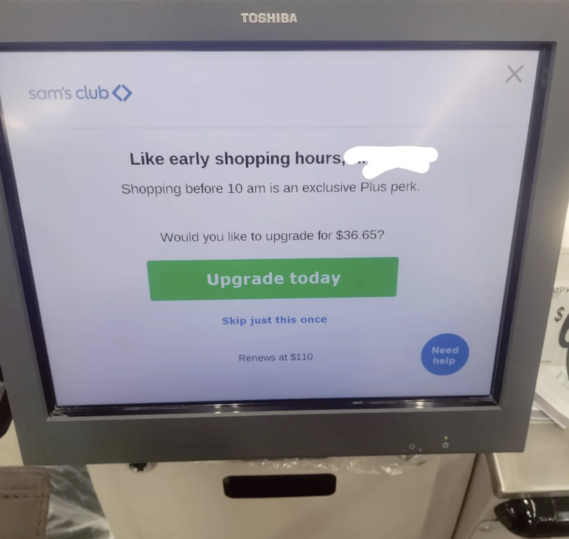 Screen displaying membership upgrade offer for early shopping hours, with a price and options to upgrade or skip