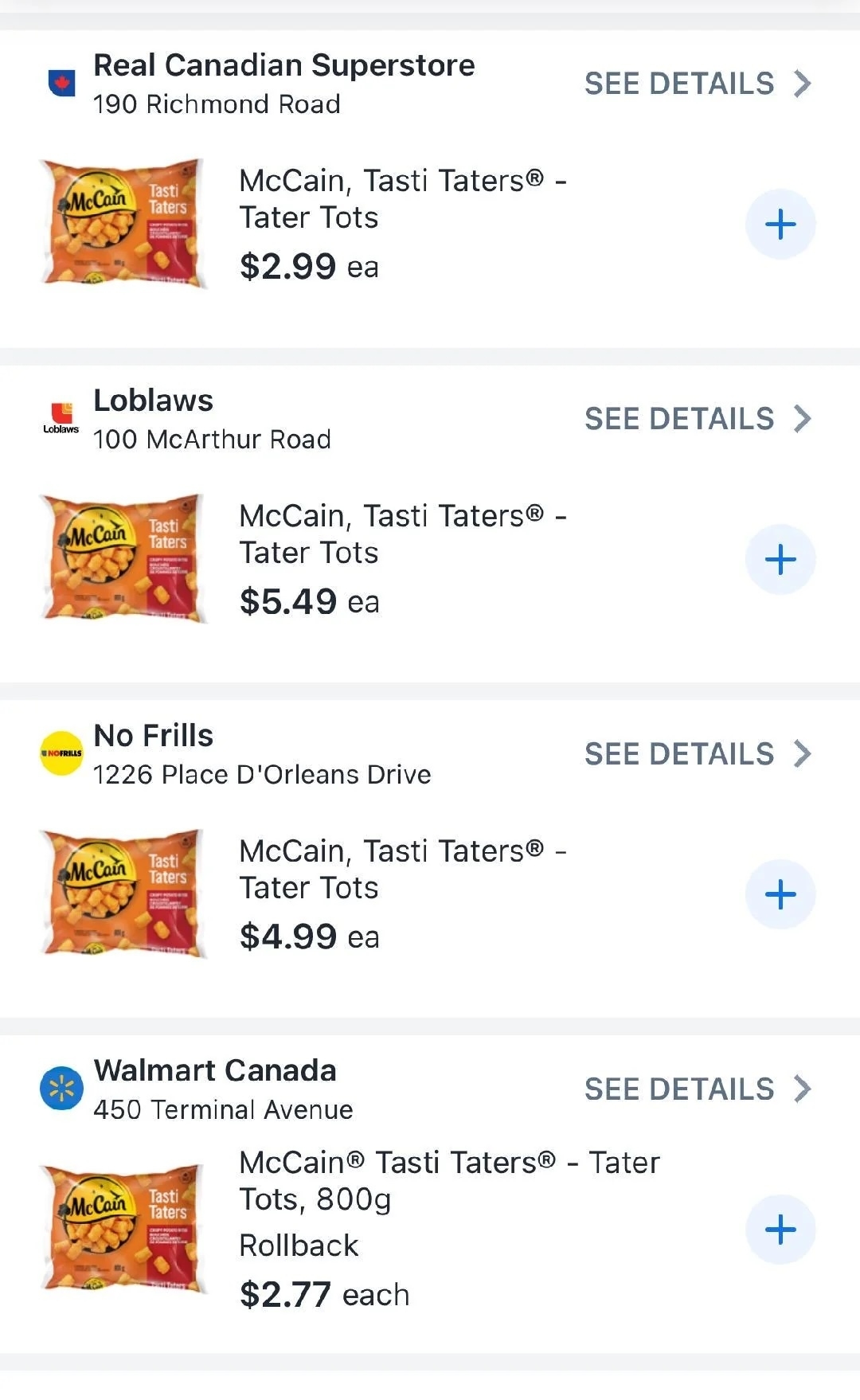 Four product listings for McCain Tasti Taters from different stores with prices and "See Details" links