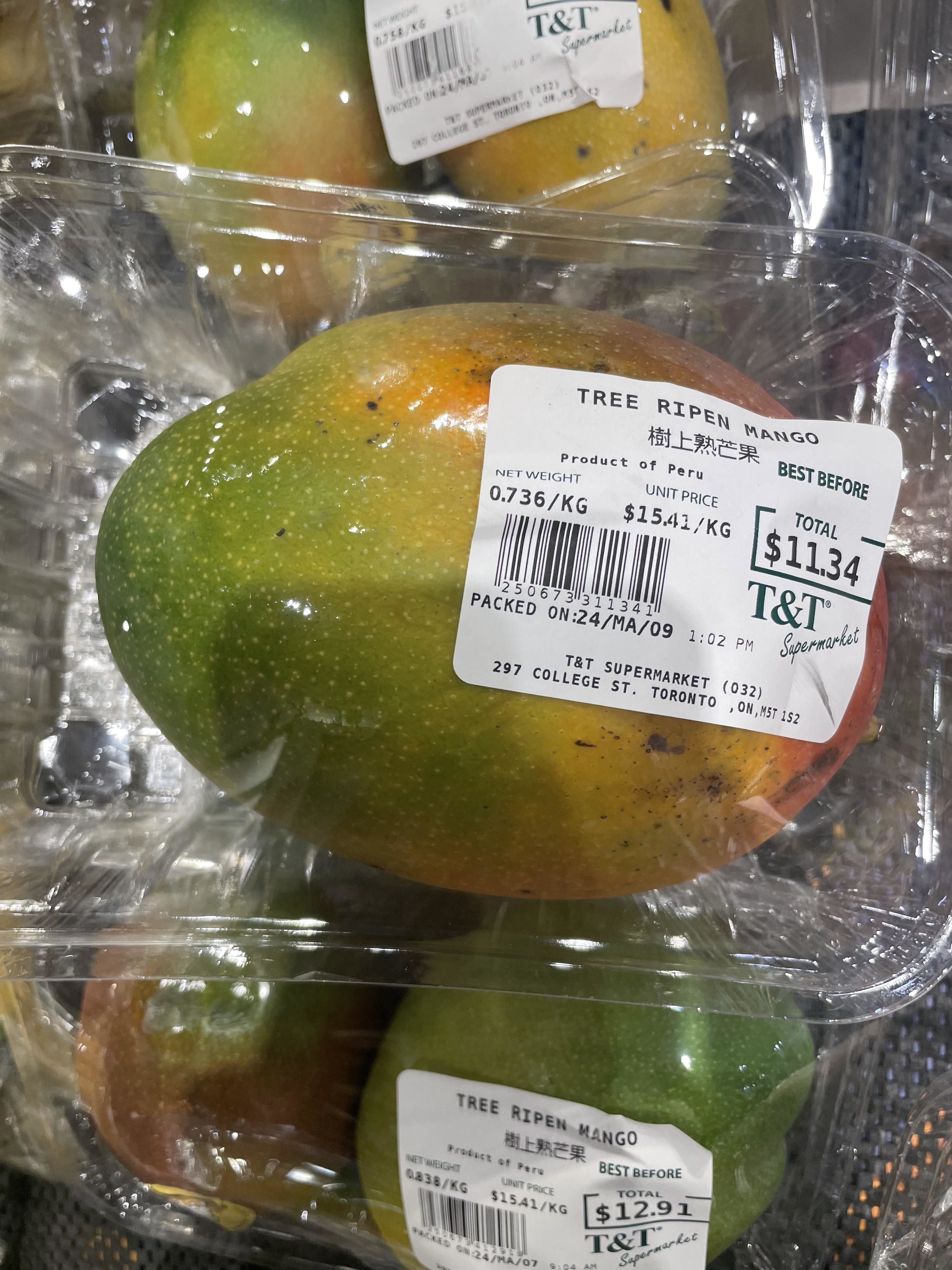 Packaged ripe mangoes with price and weight labels, on display for sale at T&T Supermarket
