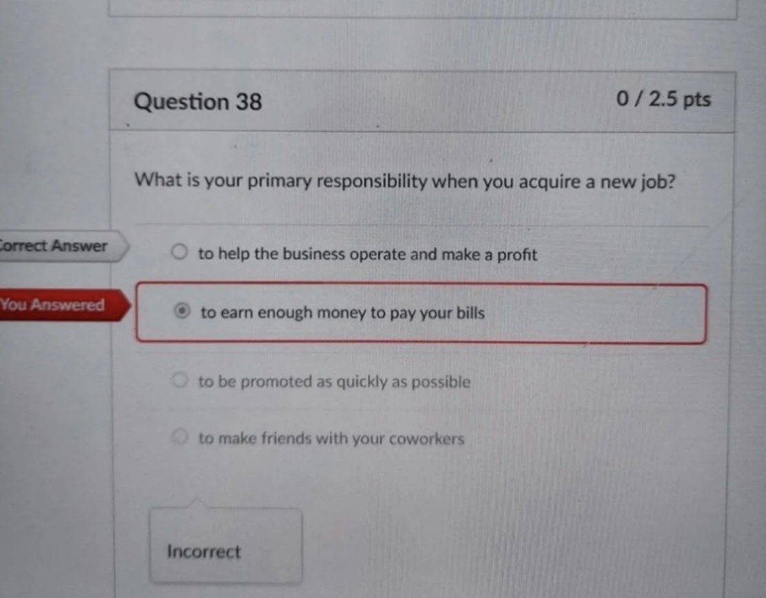 Online multiple-choice quiz showing a selected answer with a red box around it