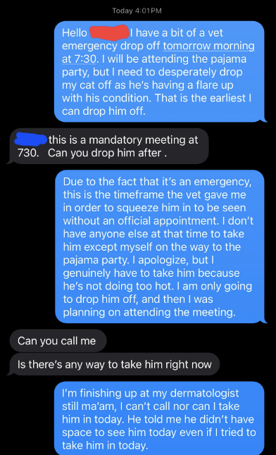 Text message conversation about scheduling conflicts, a wet emergency drop off, and not being able to meet