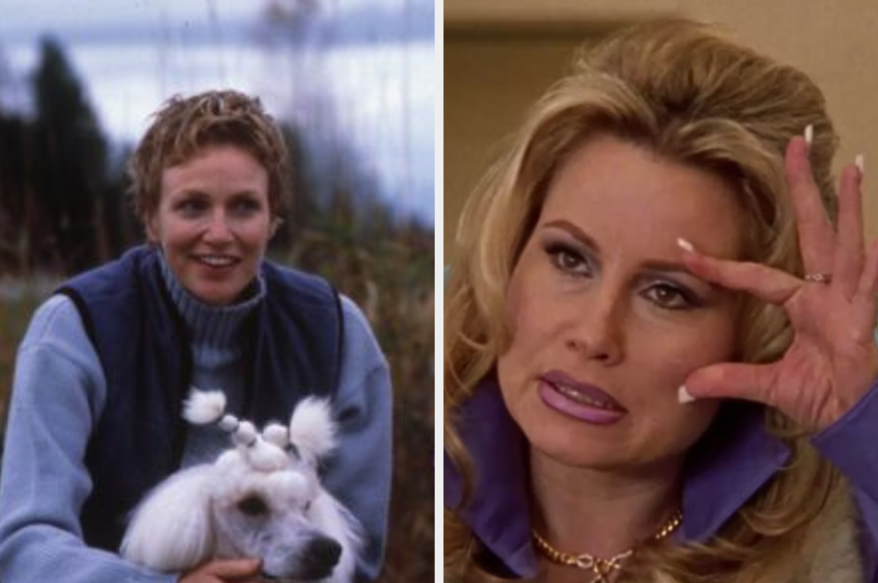Two scenes from a TV show: Left - A woman holding a small dog. Right - A woman gesturing an &#x27;okay&#x27; sign near her eye