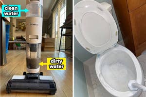 Left: Tineco 2-in-1 cordless vacuum and mop, Right: Clorox toilet cleaning kit