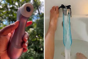 A split image: on the left, a person holding a purple satisfyer pro 2 clitoral stimulator; on the right, a model in bath with spout masturbation tool.