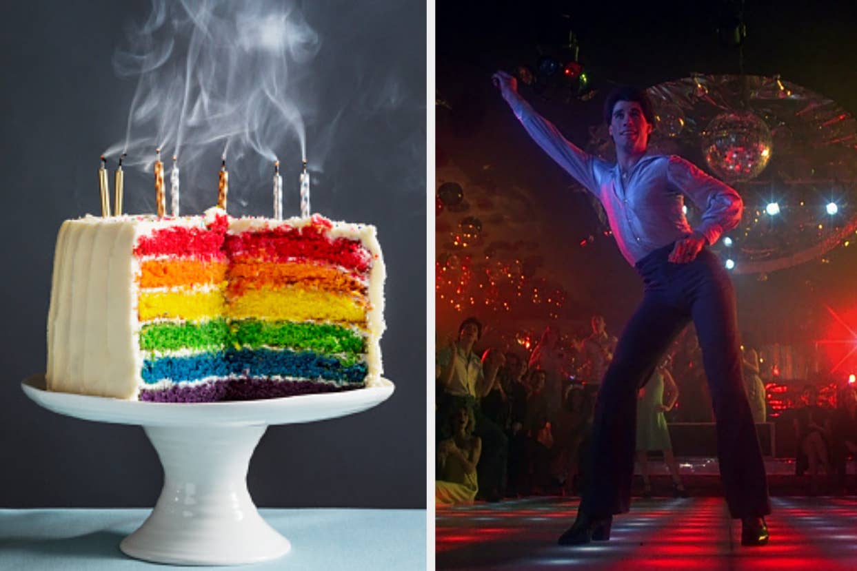 A lit rainbow-layered cake with steam; John Travolta striking a pose in "Saturday Night Fever."