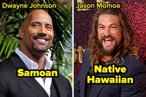 Dwayne Johnson and Jason Momoa smiling at events, overlaid text labels their heritage as Samoan and Native Hawaiian