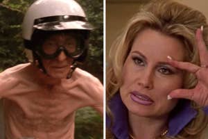 Split screen of Larry David in a helmet and goggles alongside Cheryl Hines making a gesture with her hand