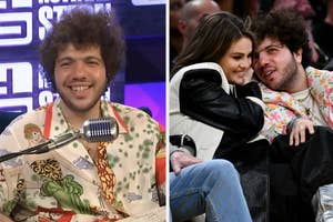 Two side-by-side photos: left is a person on a talk show; right shows two people attending an event, embracing affectionately