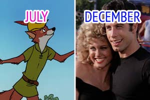 Left: Animated fox character in clothing. Right: Two characters from "Grease" smiling