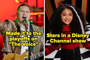 Two images: left shows man singing with guitar, right is a young curly-haired actor. Text: "Made it to the playoffs on 'The Voice'" and "Stars in a Disney Channel show."