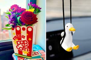 Decorative items: popcorn box flower vase on a sill and a swinging penguin toy near a window
