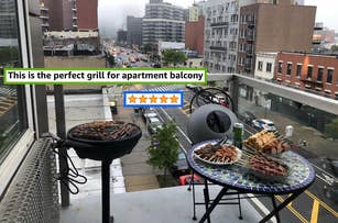 A reviewer shows the same grill on their apartment balcony, which has a tiny seating area