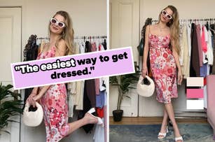 Image of a person wearing a floral dress and sunglasses, standing in a room with clothes. Text: "The easiest styling hack I've found."