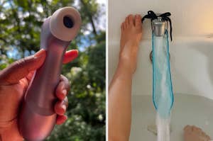 A split image: on the left, a person holding a purple satisfyer pro 2 clitoral stimulator; on the right, a model in bath with spout masturbation tool.