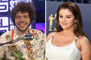 Man in patterned shirt with microphone; Selena Gomez in glittery top at event