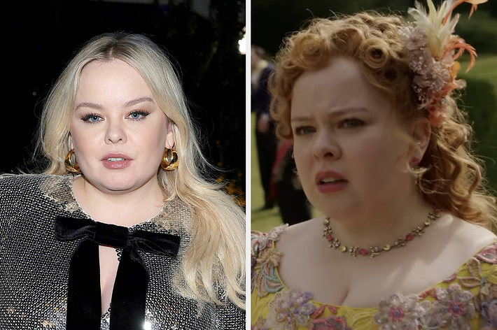 Two side-by-side photos of actress Nicola Coughlan in a sequined outfit and as her character with floral adornments