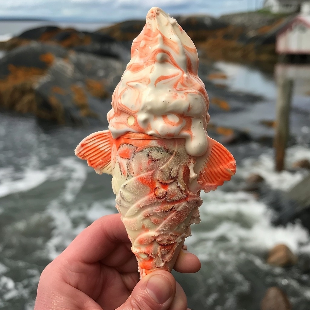 Hand holding ice cream cone with shell decorations by the sea