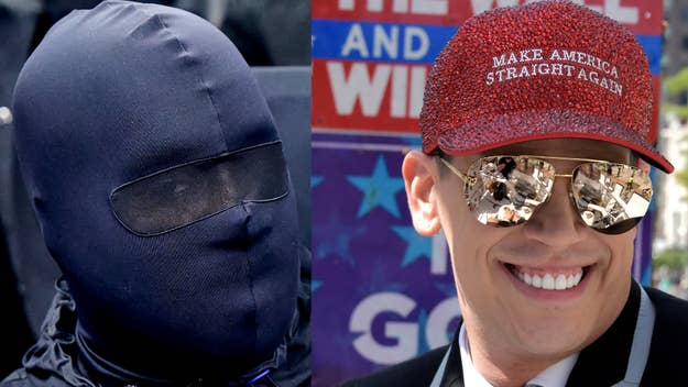 Two individuals wearing unique headgear with expressive sunglasses, right one with a satirical hat
