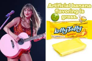 Taylor Swift wearing a sequined dress, playing a guitar on stage. A Laffy Taffy wrapper with a joke is also shown