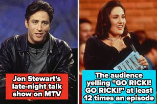 Split image: Left, Jon Stewart in a leather jacket. Right, a woman on stage holding an award. Text references MTV and audience cheers