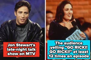 Split image: Left, Jon Stewart in a leather jacket. Right, a woman on stage holding an award. Text references MTV and audience cheers