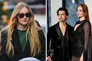 Sophie Turner pushes a stroller down the street vs Joe Jonas and Sophie Turner pose together on the red carpet