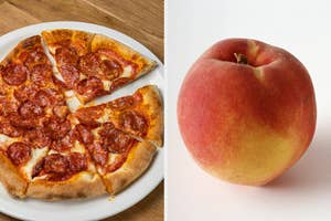 On the left, a pepperoni pizza on a plate, and on the right, a peach