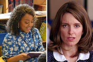 Split image with characters Shirley Bennett on left and Liz Lemon on right, both in office settings