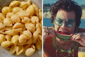 On the left, some mac and cheese, and on the right, Harry Styles eating watermelon in the Watermelon Sugar music video