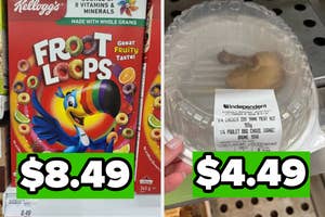 Price comparison of a Froot Loops cereal box marked at $8.49 and a quarter chicken pack at $4.49