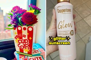 A floral arrangement in a popcorn-themed container next to beauty products, and a hand holding a bottle of Coppertone Glow sunscreen